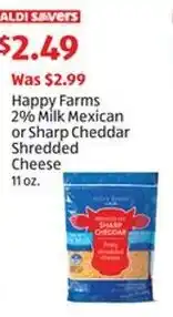 Aldi Happy Farms 2% Milk Mexican or Sharp Cheddar Shredded Cheese offer