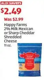 Aldi Happy Farms 2% Milk Mexican or Sharp Cheddar Shredded Cheese offer