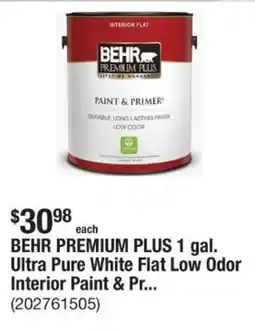 The Home Depot Behr premium plus 1 gal. ultra pure white flat low odor interior paint & pr... offer