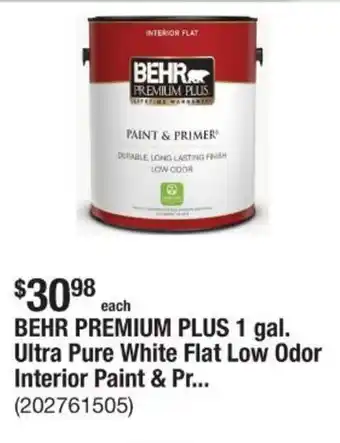 The Home Depot Behr premium plus 1 gal. ultra pure white flat low odor interior paint & pr... offer