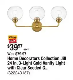 The Home Depot Home Decorators Collection Jill 24 in. 3-Light Gold Vanity Light with Clear Seeded G... offer