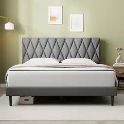 Walmart Queen Bed Frame, Lecuneey Queen Size Platform Bed with Fabric Upholstered Headboard, Dark Grey offer