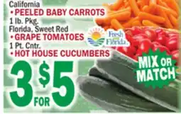 Bravo Supermarkets PEELED BABY CARROTS 1 lb. Pkg. Florida, Sweet Red, GRAPE TOMATOES 1 Pt. Cntr., HOT HOUSE CUCUMBERS offer