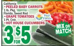 C Town PEELED BABY CARROTS 1 lb. Pkg., GRAPE TOMATOES 1 Pt. Cntr., HOT HOUSE CUCUMBERS offer