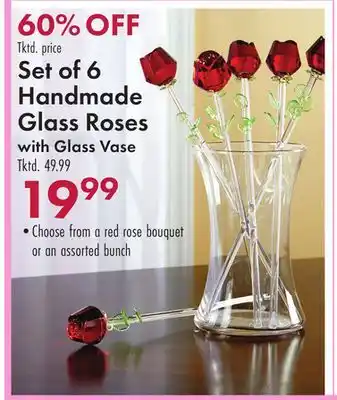 Boscov's Set of 6 Handmade Glass Roses with Glass Vase offer