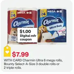 CVS Charmin Ultra 6 mega rolls, Bounty Select-A-Size 3 double rolls or 2 triple rolls offer