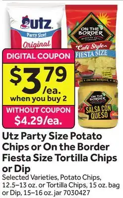 Stop&Shop Utz Party Size Potato Chips or On the Border Fiesta Size Tortilla Chips or Dip offer