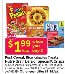 Stop&Shop Post Cereal, Rice Krispies Treats, Nutri-Grain Bars or Special K Crisps offer