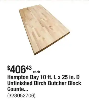 The Home Depot Hampton Bay 10 ft. L x 25 in. D Unfinished Birch Butcher Block Countertop in With Standard Edge offer