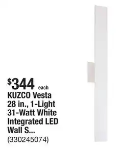 The Home Depot KUZCO Vesta 28 in., 1-Light 31-Watt White Integrated LED Wall Sconce offer