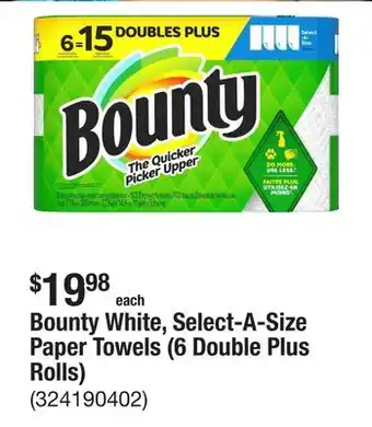 The Home Depot Bounty White, Select-A-Size Paper Towels (6 Double Plus Rolls) offer