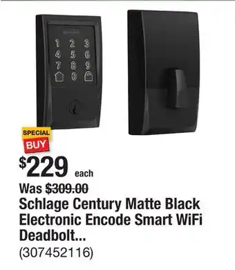 The Home Depot Schlage Century Matte Black Electronic Encode Smart WiFi Deadbolt with Alarm offer