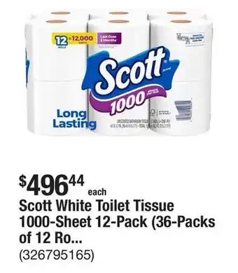 The Home Depot Scott White Toilet Tissue 1000-Sheet 12-Pack (36-Packs of 12 Roll Pk) offer