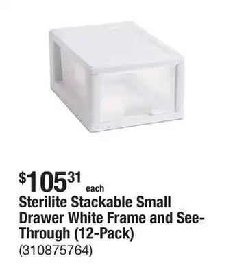 The Home Depot Sterilite Stackable Small Drawer White Frame and See-Through (12-Pack) offer