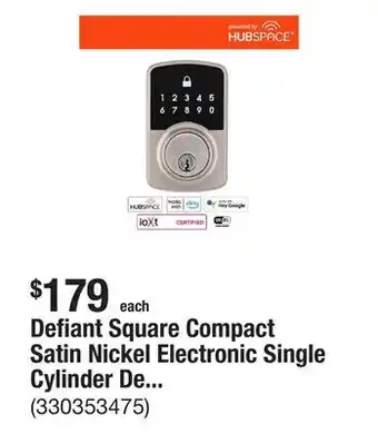 The Home Depot Defiant Square Compact Satin Nickel Electronic Single Cylinder Deadbolt Powered by Hubspace offer