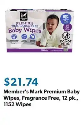 Sam's Club Member's Mark Premium Baby Wipes, Fragrance Free, 12 pk., 1152 Wipes offer