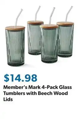 Sam's Club Member's Mark 4-Pack Glass Tumblers with Beech Wood Lids offer