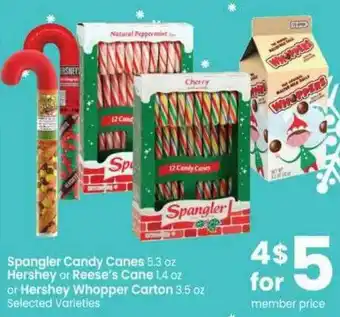 Safeway Spangler Candy Canes Hershey Or Reese's Cane Or Hershey Whopper Carton Selected Varieties offer