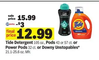 Meijer Tide Detergent 105 oz., Pods 43 or 57 ct. or Power Pods 32 ct. or Downy Unstopables* 21.1-25.6 oz offer