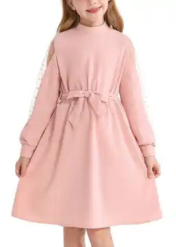 Walmart Actgleam Girls Mesh Long Sleeve Dress Crew Neck A-Line Party Belted Dresses,Pink offer