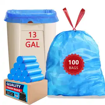 Walmart 13 gallon Trash Bags Drawstring (Count 100), Tall Kitchen Garbage Bags, Blue offer