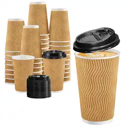 Walmart Lamosi Disposable Paper Cups with Lids 16 oz,Insulated to Go Cup,Ripple Double Wall,Brown 100 Count offer