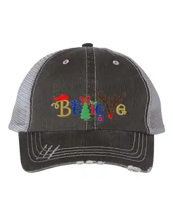 Walmart Women's Merry Christmas Holiday Distressed Trucker Hat, Believe Festive Holiday Symbols, Black offer