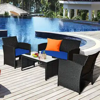 Walmart Costway 4PCS Patio Rattan Furniture Conversation Set Cushion Sofa Table Garden Navy offer