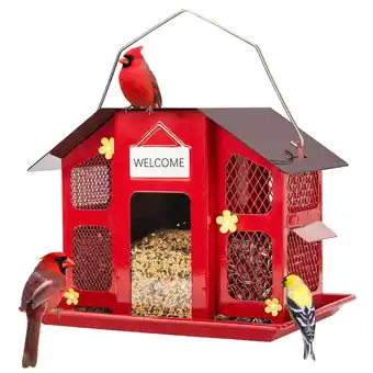 Walmart Kingsyard Metal Bird Feeder House for Outdoors Hanging, Triple Feeders for Finch Cardinal, Red offer