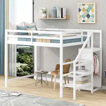 Walmart EUROCO Modern Full Size Loft Bed with Storage Wardrobe and Shelf, White offer