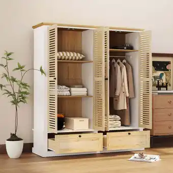 Walmart Euroco Modern 74.8 Armoire Wadrobe, 4 Door Bedroom Armoire with 2 Drawers and Hanging Rods, Natural offer