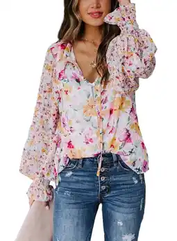 Walmart EVALESS Womens Boho Floral Print V Neck Shirt Blouses Casual Puff Sleeve Drawstring Tunic Tops S-XXL offer