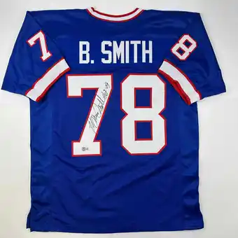 Walmart Autographed/Signed Bruce Smith HOF 09 Buffalo Blue Football Jersey Beckett BAS COA offer