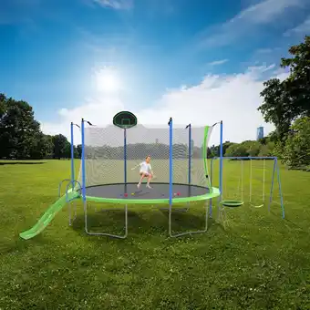 Walmart ARCTICSCORPION Trampoline with Slide Swings and Basketball Hoop, Green, 254.00 x 144.00 x 121.20 offer