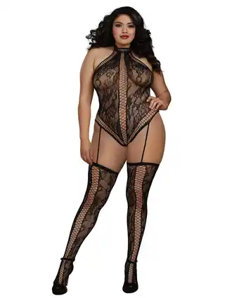 Walmart Dreamgirl Plus Size Lace Teddy Bodystocking with Thigh High Stockings offer