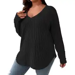 Walmart Jalioing Womens Pullover Top Long Sleeve Ribbed Knit Shirt V-Neck Loose Casual Plus Size Tops offer