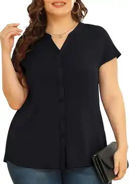 Walmart Daystry Women's Plus Size Button Down Short Sleeve Shirt Business Casual V Neck Tops Black-3X offer