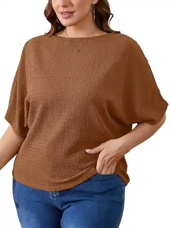 Walmart SHOWMALL Women's Plus Tops Boat Neck Batwing Half Sleeve Drop Shoulder Casual Shirts 3X Ginger offer