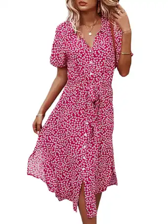 Walmart Women's Button Down Midi Dress, Short Sleeve Floral Print Belted Loose Shirt Dress offer