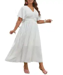 Walmart Casual Plain A Line V neck White Plus Size Dresses offer