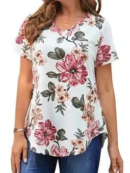 Walmart MOSHU Plus Size T-shirts for Women V Neck Summer Tunic Tops Floral Print Curved Hem Women Shirts offer