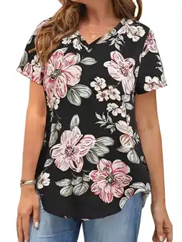 Walmart MOSHU Plus Size T-shirts for Women V Neck Summer Tunic Tops Floral Print Curved Hem Women Shirts offer