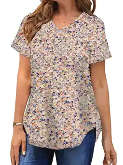 Walmart MOSHU Plus Size T-shirts for Women V Neck Summer Tunic Tops Floral Print Curved Hem Women Shirts offer