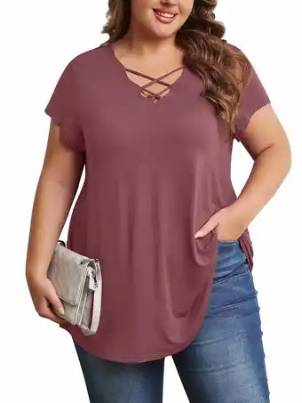 Walmart Womens Plus Size Tops Criss Cross V Neck Short Sleeve Summer Casual Blouses, Wine-2X offer