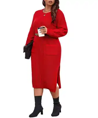 Walmart Casual Plain Round Neck Red Plus Size Sweater Dresses offer