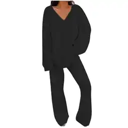 Walmart Women's 2 Piece Pullover Sweater Set Oversized V Neck Tops Wide Leg Long Pants Tracksuit Outfit offer