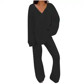 Walmart Women's 2 Piece Pullover Sweater Set Oversized V Neck Tops Wide Leg Long Pants Tracksuit Outfit offer