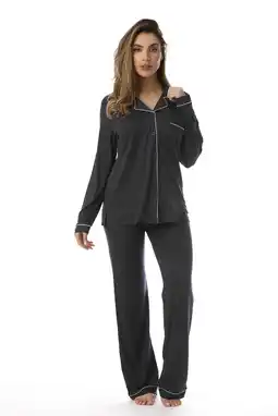 Walmart FollowMe Button Down Pajama Pant Set with Notch Collar (Black / Cream Rayon Spandex, 2X) offer