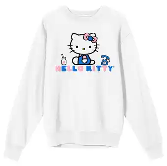 Walmart Hello Kitty Phone Graphic Crew Neck Long Sleeve White Fleece Women's Tee-Medium offer