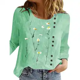 Walmart WNEGSTG Long Sleeve Shirts for Women Casual Linen Pullover Small Daisy Print Loose T Shirt Green offer